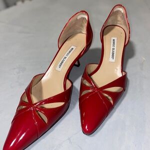 red manolo blahnik womens 36.5 6.5 patent leather high heels